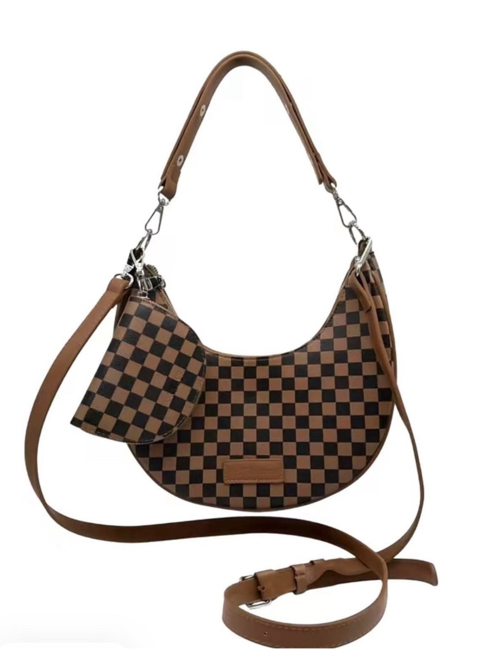 Brown Checkered Crescent Shoulder Bag with Coin Pouch - Tan/Brown